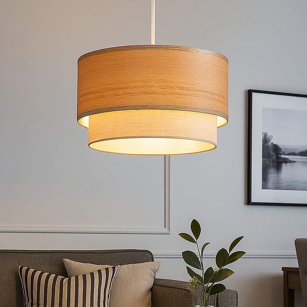 Lighting Collection 2 Tier Wood Veneer Ceiling Lamp Shade Image 2