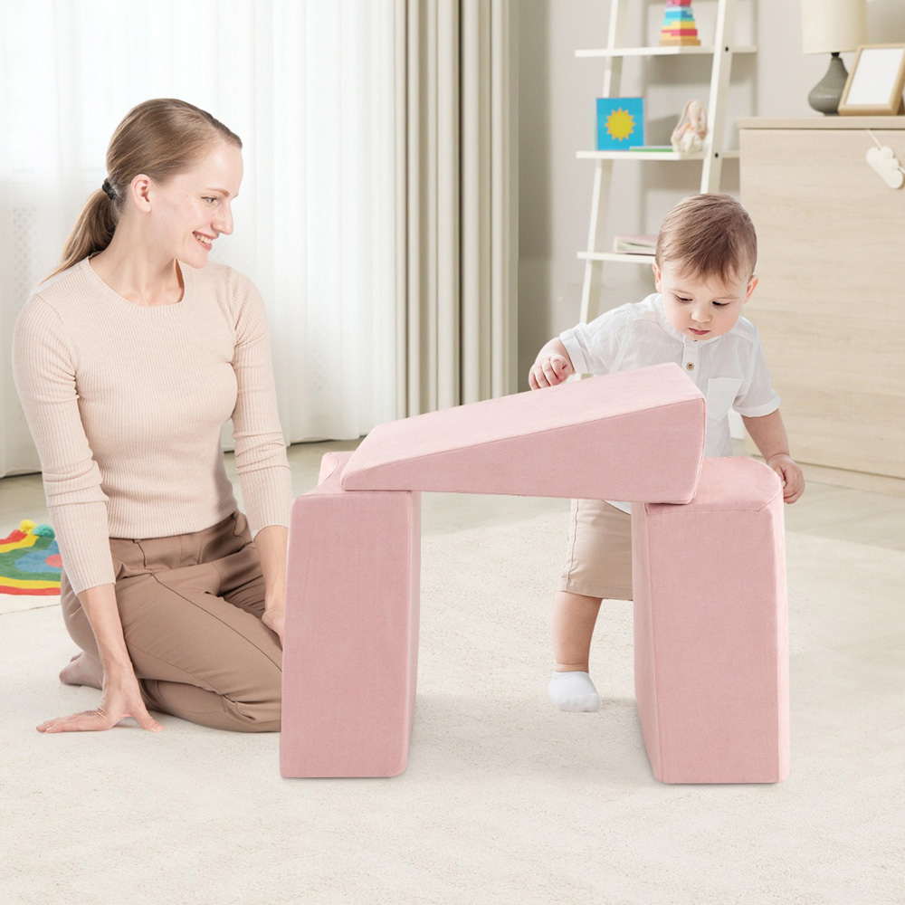Costway Kids Pink 5 Piece Climb and Crawl Play Set with Ball Pit Image 3
