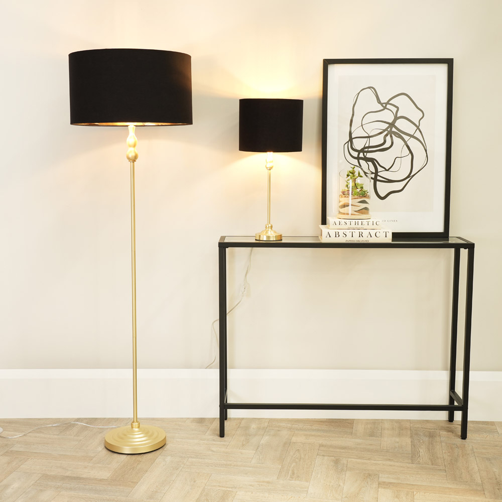 ValueLights Maggie Black and Metallic Gold Drum Shade Candlestick LED Floor Lamp Image 4