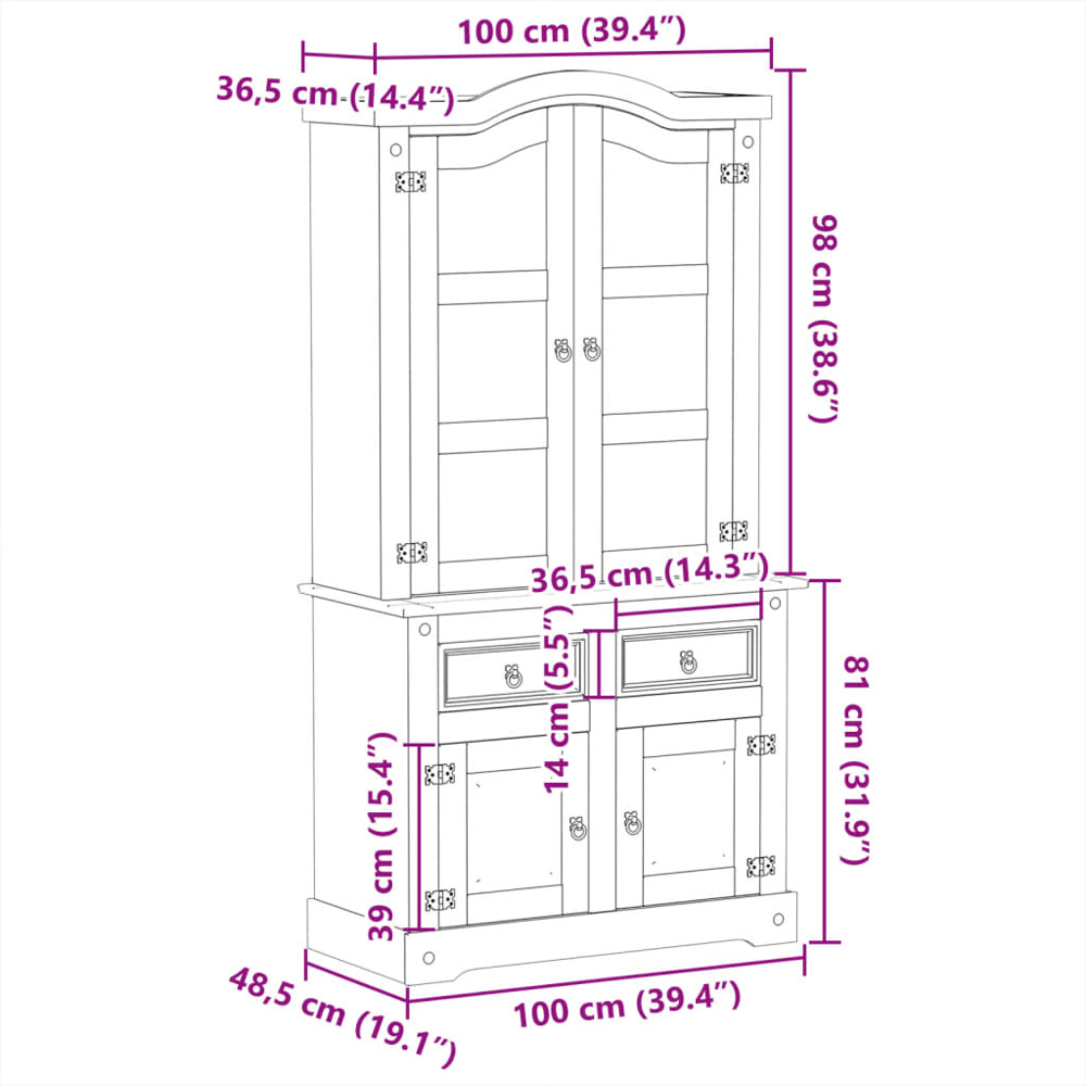 vidaXL 4 Door 2 Drawer 3 Shelf Brown Solid Pine Wood Glass Display Cabinet Image 9