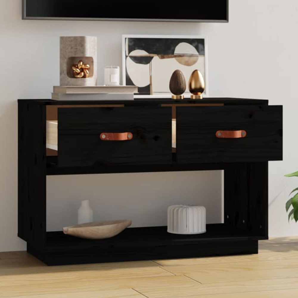 vidaXL 2 Drawer Single Shelf Black Solid Pine Wood TV Cabinet Image 1