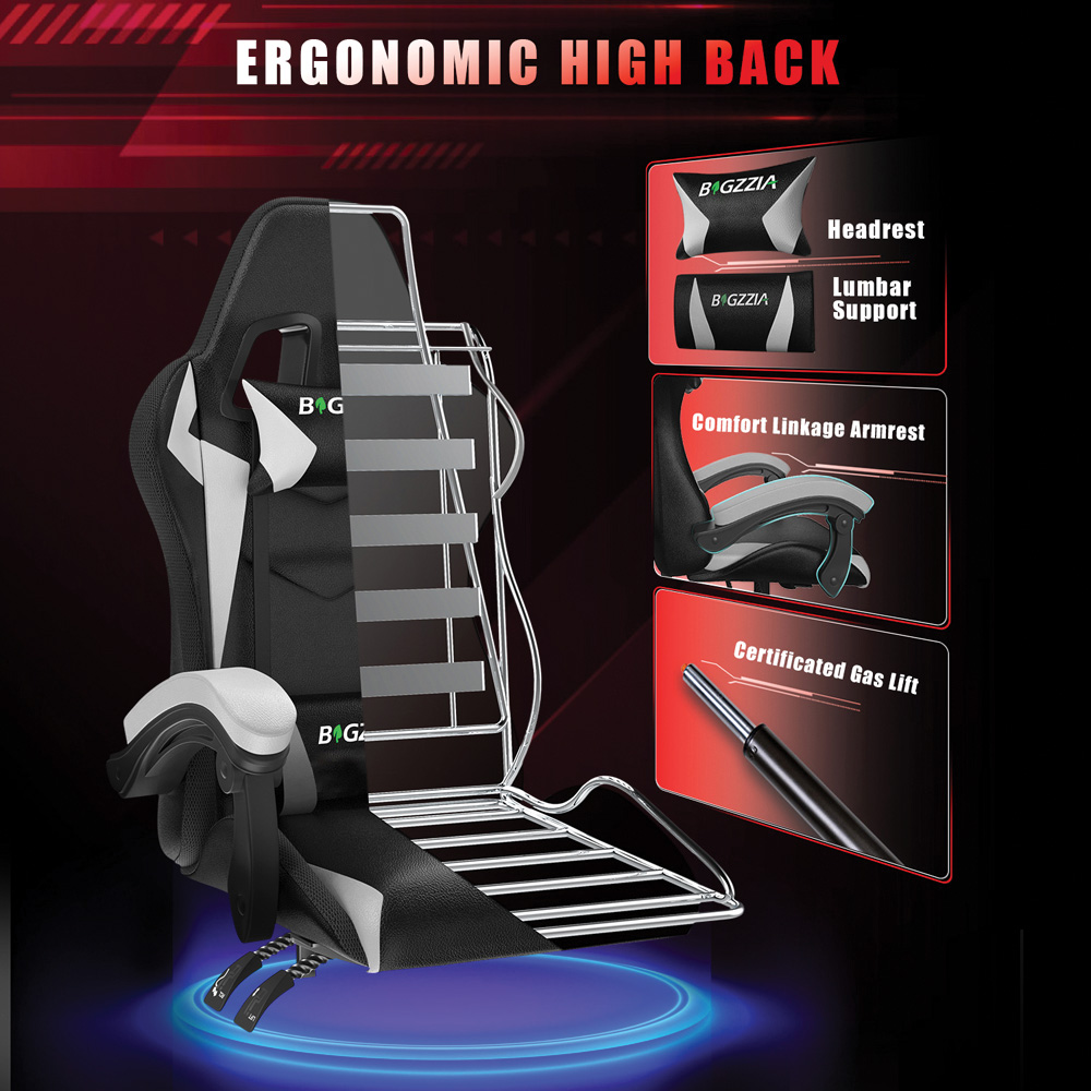 Rattrix White Height Adjustable Lumbar Backrest Gaming Chair with Headrest and LED Light Image 3