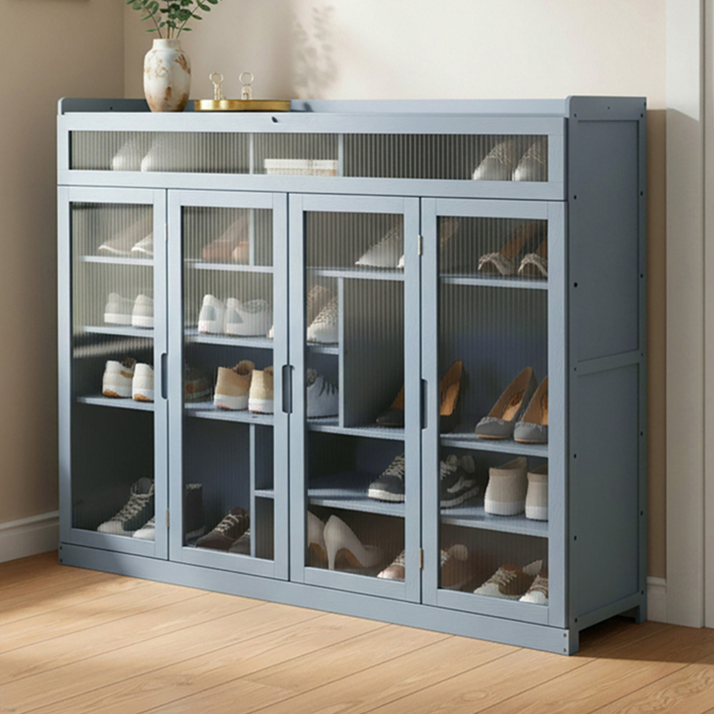 Living and Home 4 Door Blue Grey Bamboo Shoe Cabinet Image 1