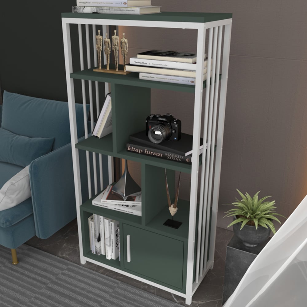 Decorotika Valero Single Door 7 Shelf White and Green Bookcase Image 1
