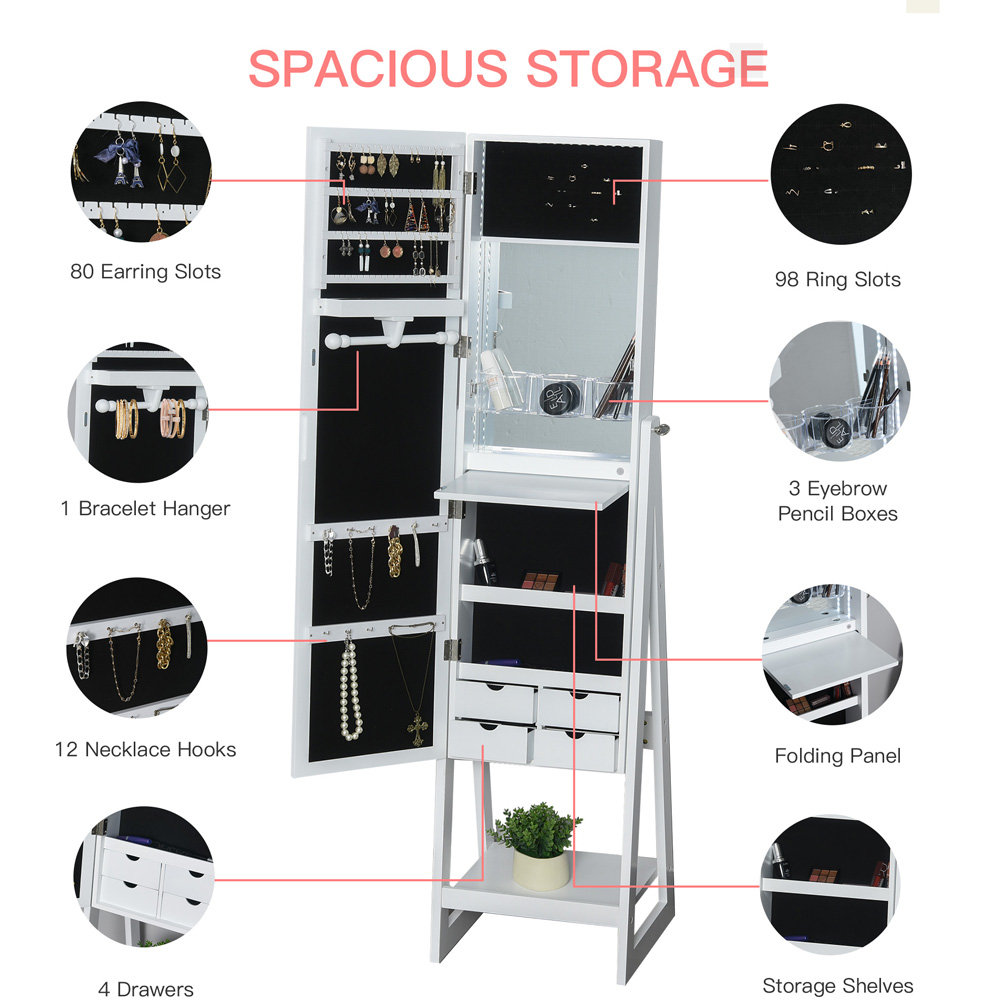 Portland Single Door White Mirrored Jewellery Cabinet with LED Image 8