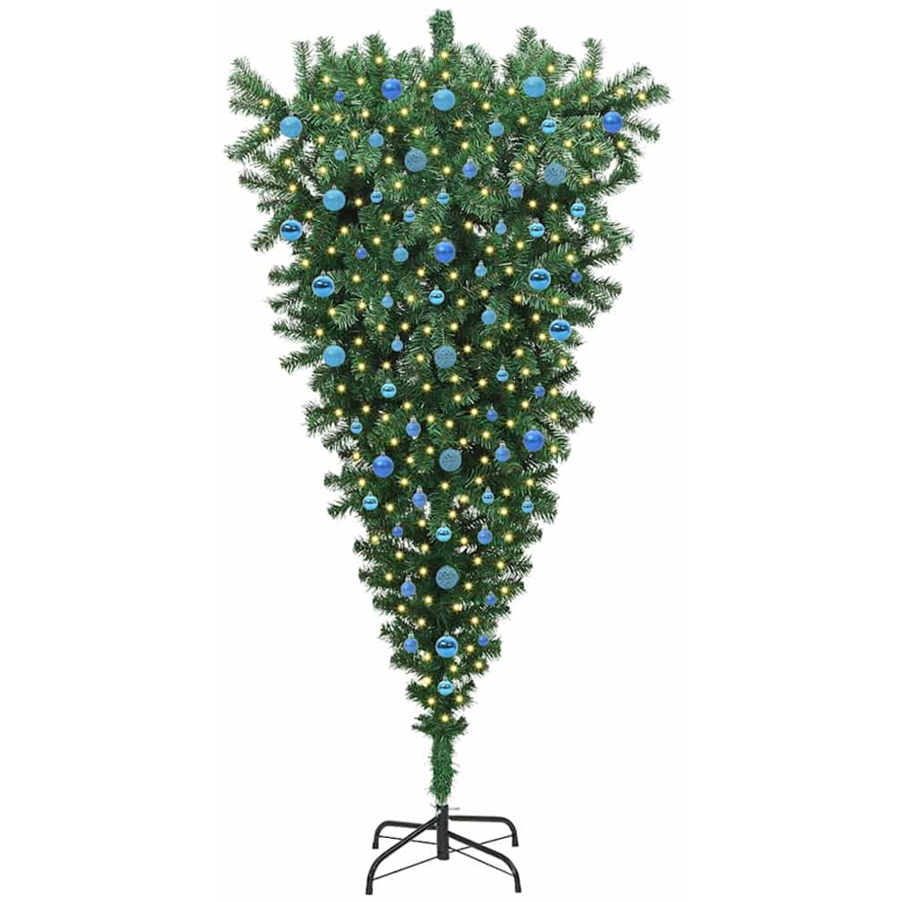 vidaXL Pre-Lit Blue Bauble Green Artificial Upside-Down Christmas Tree 7ft Image 1
