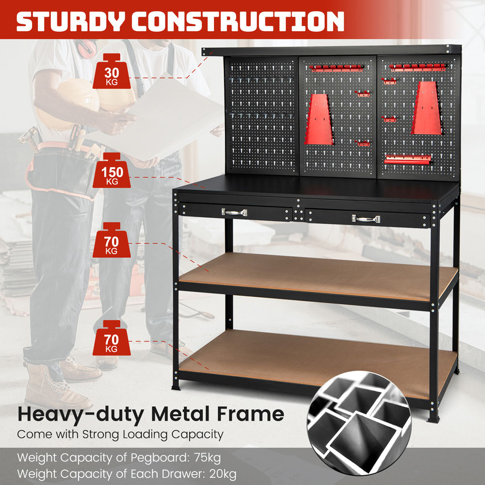Costway 2 Drawer 2 Shelf Black Multipurpose Garage Worktable Image 4