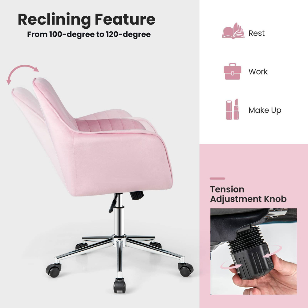 Costway Pink Velvet Adjustable Swivel Accent Chair with Wheels Image 7