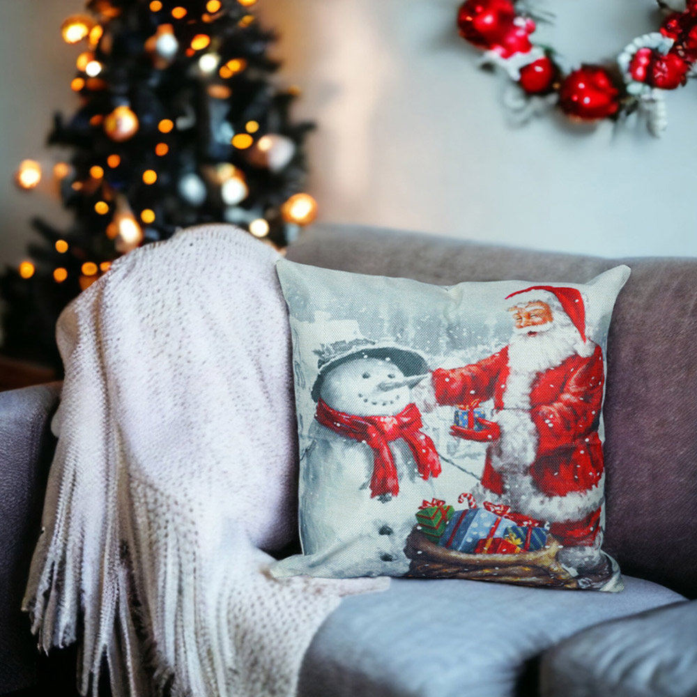 Xmas Haus Christmas-Theme Santa and Snowman Design Cushion 40 x 40cm Image 2