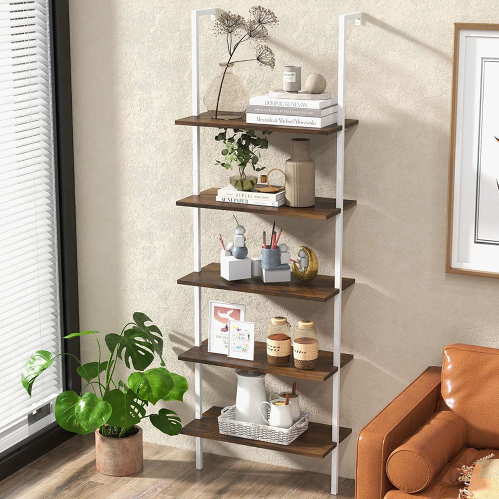 Costway 5 Shelf Steel Frame Natural Ladder Shelf Unit Image 1