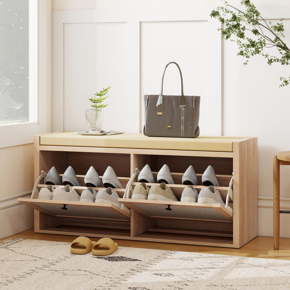 HOMCOM 2 Flip Down Door Oak Rattan Shoe Bench with Padded Cushion Image 2