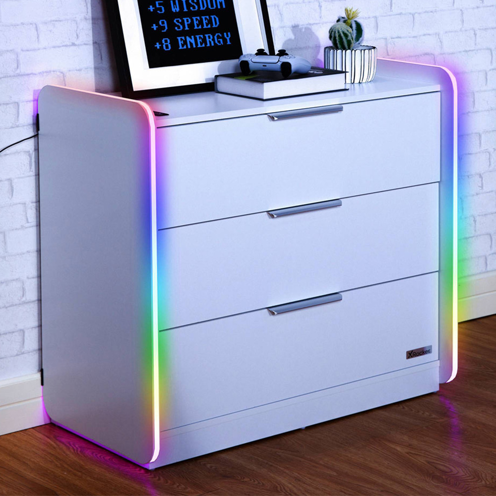 X Rocker Electra 3 Drawer White Chest of Drawers with Neo Motion Sync App Controlled LED Light Image 1