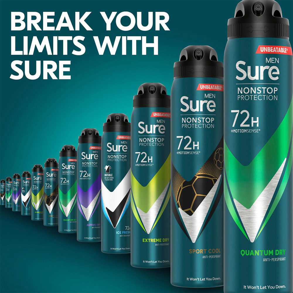 Sure Men 72H Non-Stop Protection Anti Perspirant Quantum Dry Deodorant Spray 250ml 12 Pack Image 6