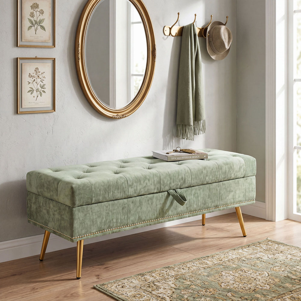 HOMCOM Light Green Chenille Ottoman Storage Box Image 3