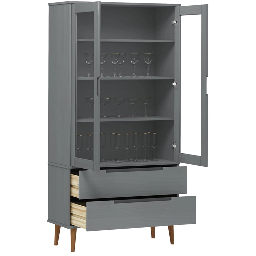 vidaXL 2 Door 2 Drawer 4 Shelf Grey Solid Pine Wood Vitrine Cabinet Image 3