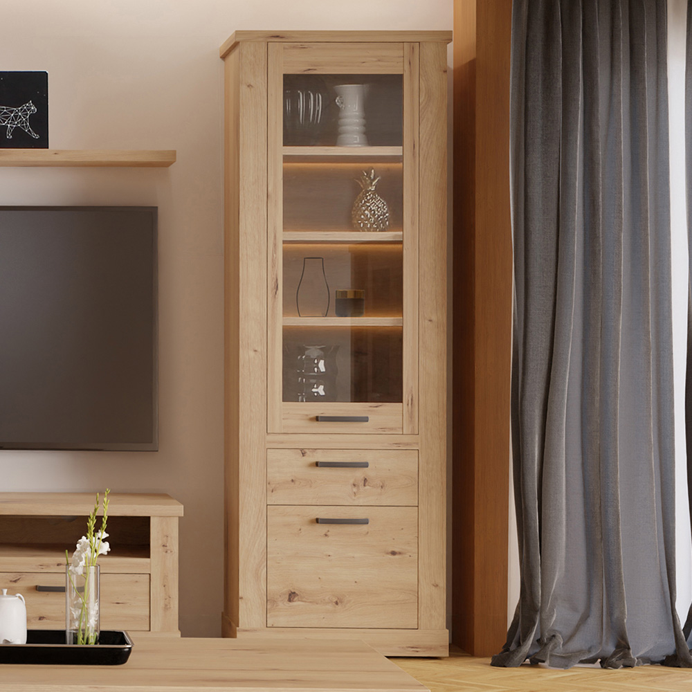 Florence Corona 2 Door Single Drawer Artisan Oak Narrow Display Cabinet Image 1