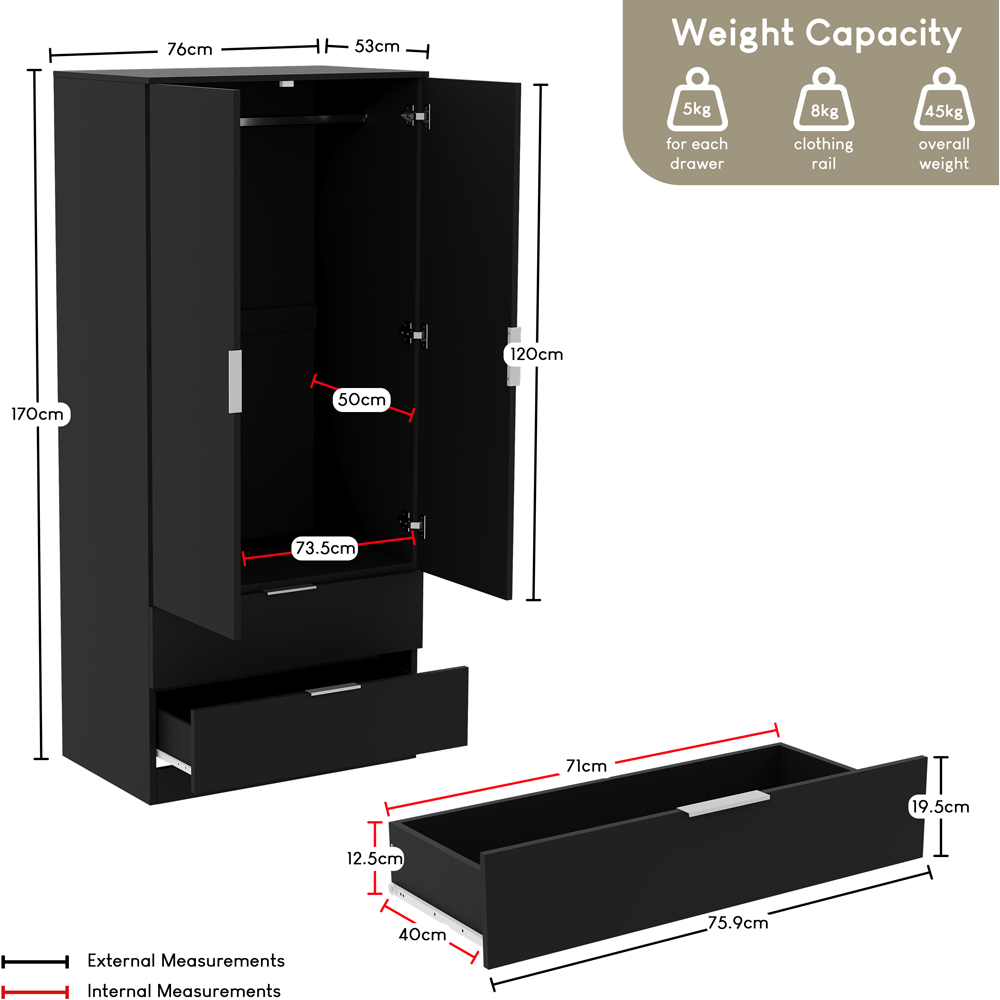 VIDA DESIGNS Trega 2 Drawer 2 Door Black Wardrobe Image 8