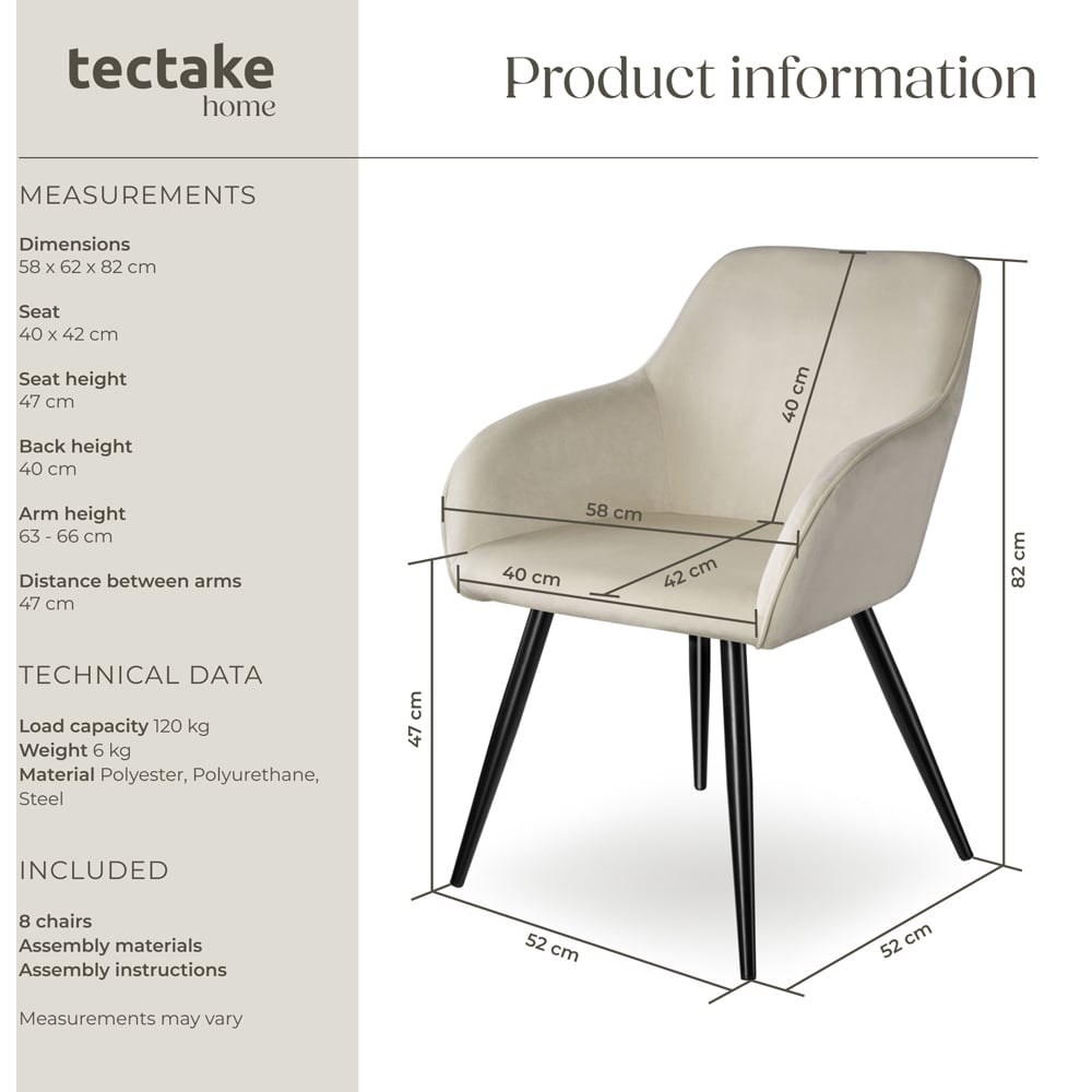 tectake Marilyn Set of 8 Cream and Black Velvet Look Padded Dining Chairs Image 9