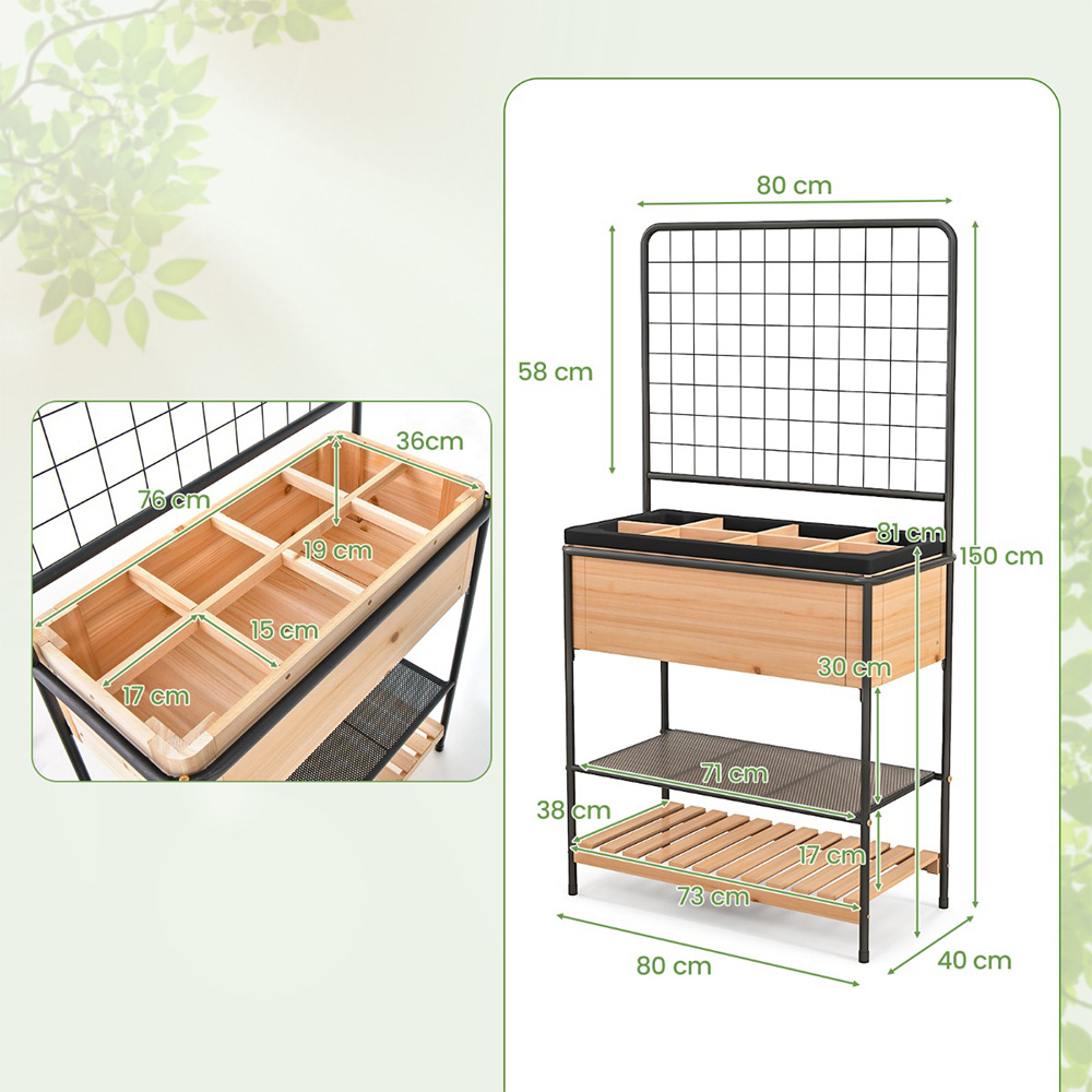 Costway 2 Tier Natural Trellis Raised Garden Bed with Storage Shelves Image 9