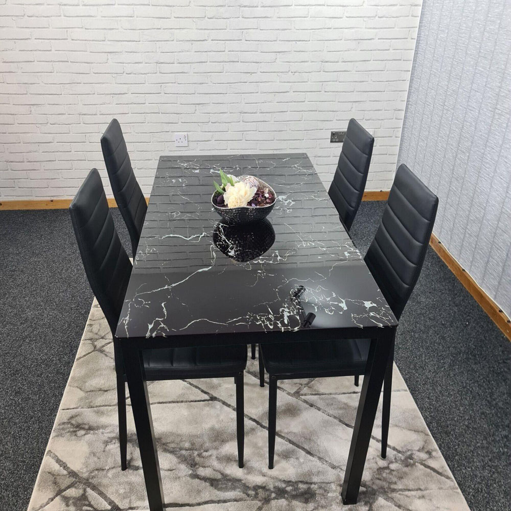 Portland 4 Seater Faux Leather Marble Effect Tabletop Dining Set Black Image 4