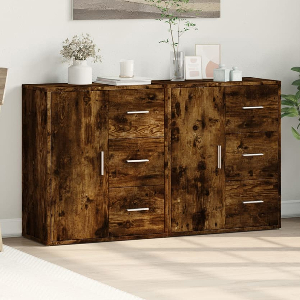 vidaXL 2 Door 6 Drawer Smoked Oak Sideboard Image 1