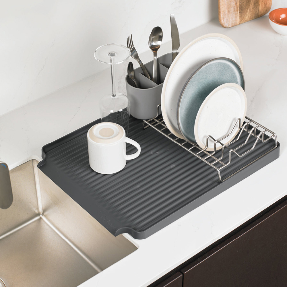 ReBorn Dark Grey Large Kitchen Draining Rack with Cutlery Holder Image 2