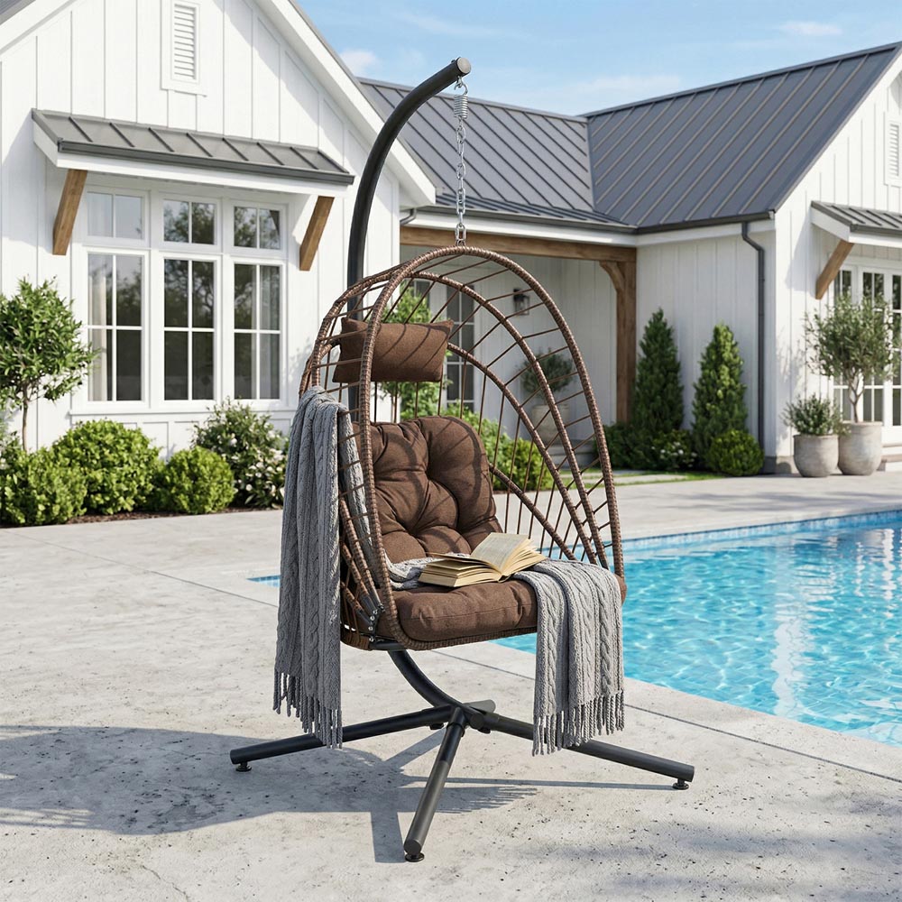 Living and Home Single Wicker Hanging Egg Chair with Cushion and Headrest Image 7