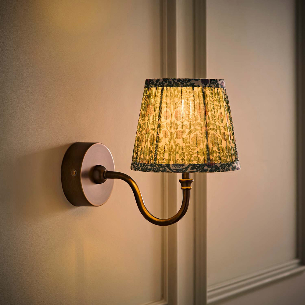 ValueLights Lowe Green Floral Pleated Shade Brass Rechargeable Wall Light with Bulb Image 2
