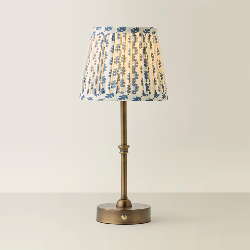 ValueLights Lowe Blue Ditsy Floral Pleated Shade Brass Rechargeable Table Lamp with Bulb Image 3