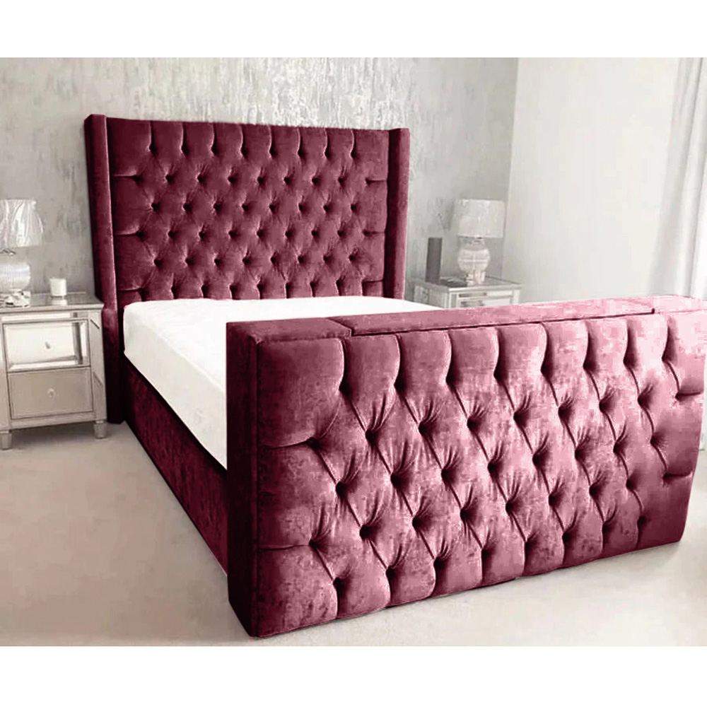 Eleganza Home Lokie King Size Maroon Plush TV Bed Frame with Headboard and Footboard Image 2