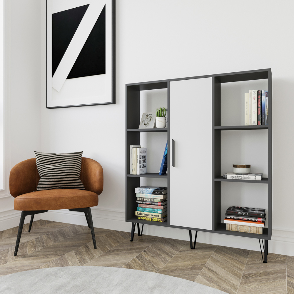 Decorotika Peoria Single Door 6 Shelf Anthracite and White Bookcase Image 3