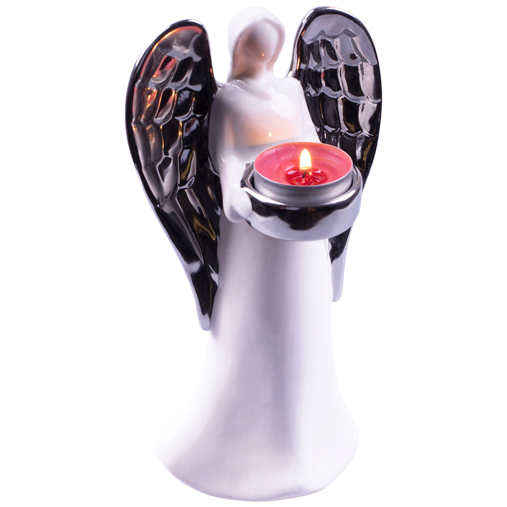 St Helens Large White and Silver Winged Angel Ceramic Tea Light Holder Image 1