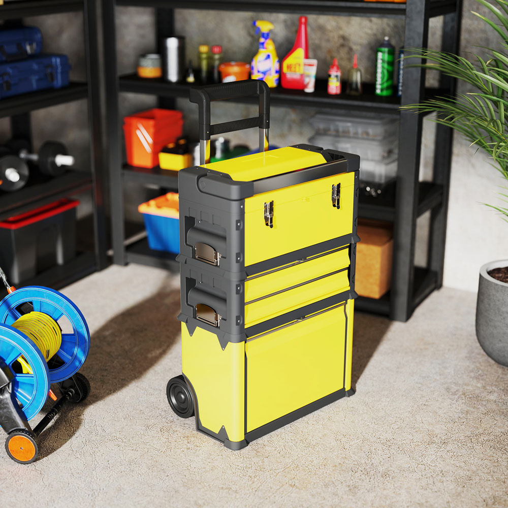 HOMCOM 3 Tier Yellow Stackable Steel Tool Box with Wheels Image 2