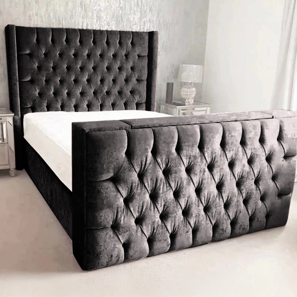 Eleganza Home Lokie Double Black Plush TV Bed Frame with Headboard and Footboard Image 1