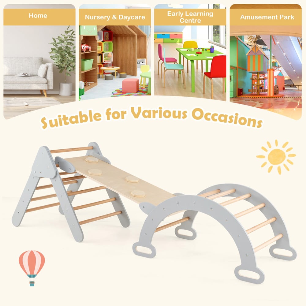 Costway 5-in-1 Kids Grey Triangle Climbing Toy with Arch Ramp Image 7