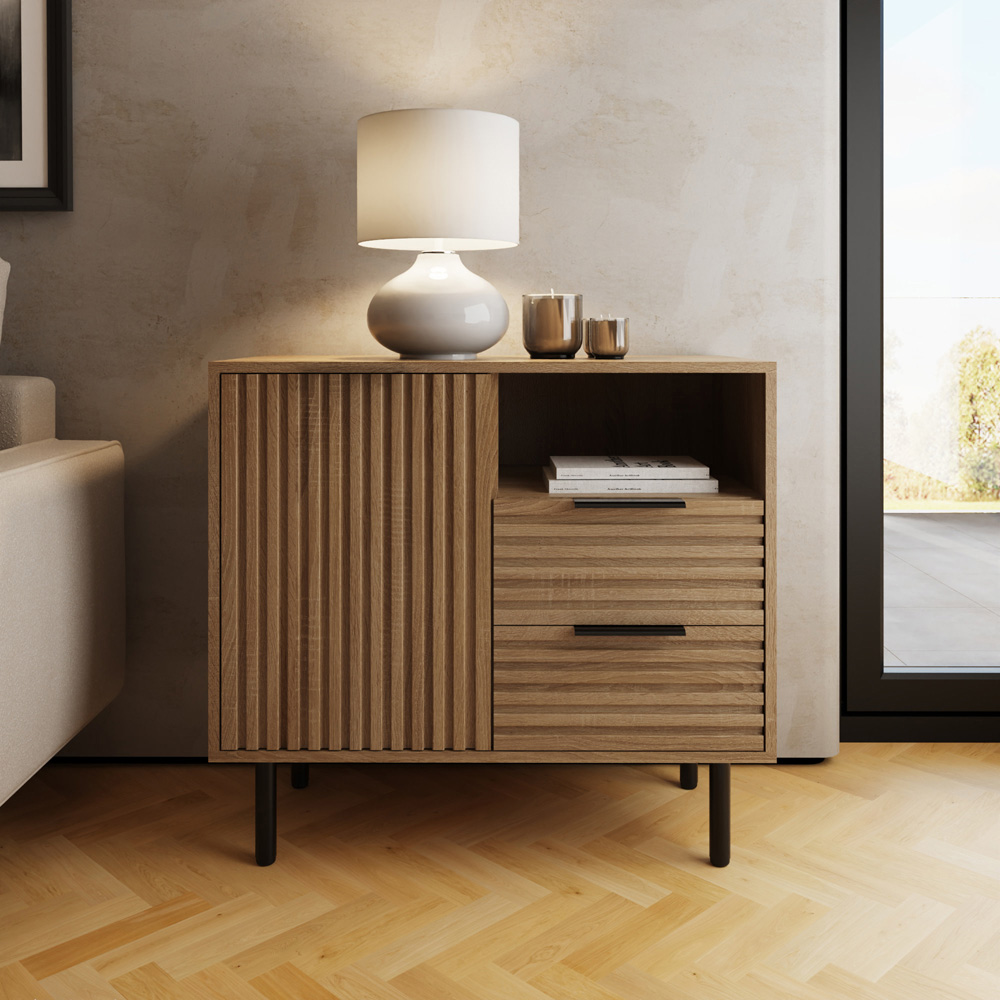 GFW Nervata Single Door 2 Drawer Single Shelf Oak and Black Ribbed Compact Sideboard Image 8