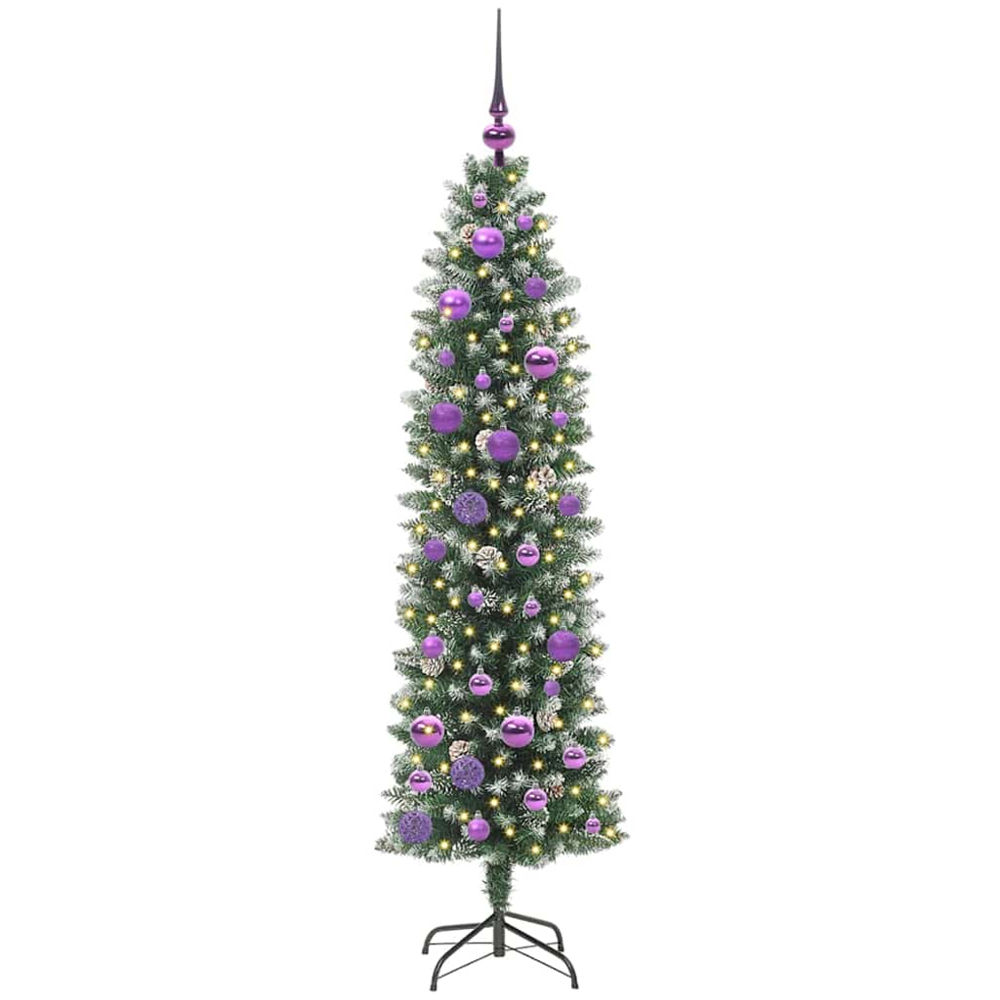 vidaXL Pre-Lit Warm White LED and Lilac Baubles Green Slim Artificial Christmas Tree 5ft Image 2
