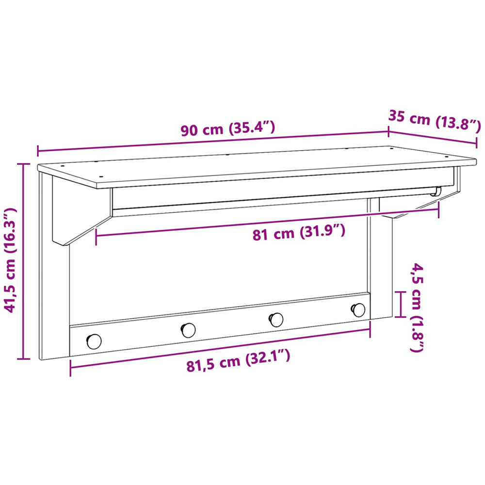 vidaXL Hill Single Shelf Honey Brown Wall Mounted Coat Rack with Hook Image 7