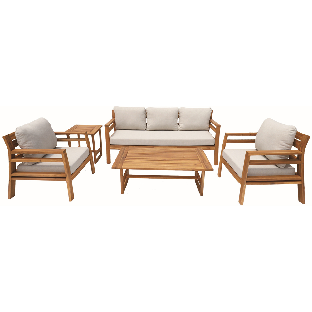 Direct Wicker 5 Seater Teak Finish Straight-Line Design Acacia Wood Outdoor Lounge Set Image 2