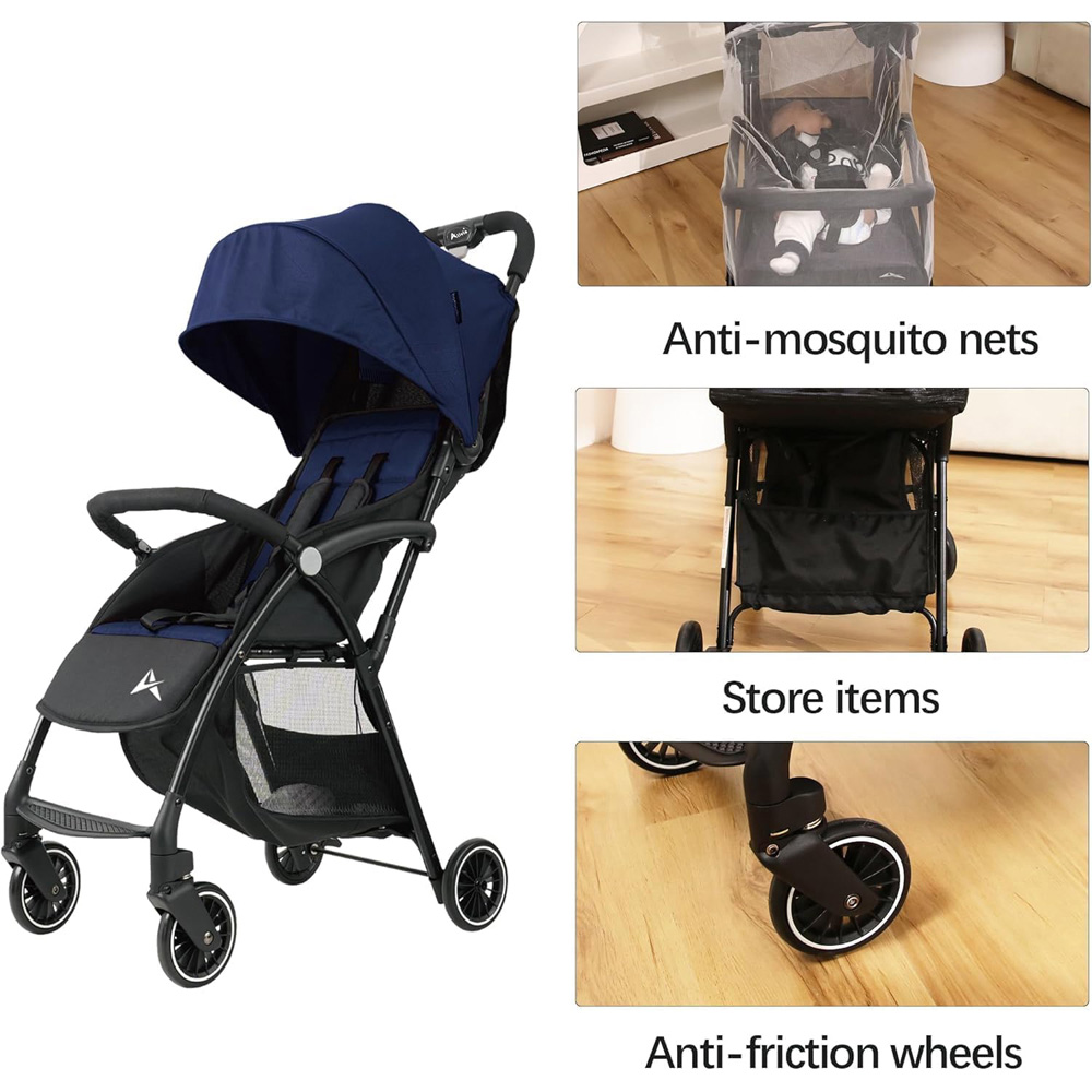 Alivio Navy Blue Foldable Baby Stroller with Mosquito Net and Shoulder Strap Image 6