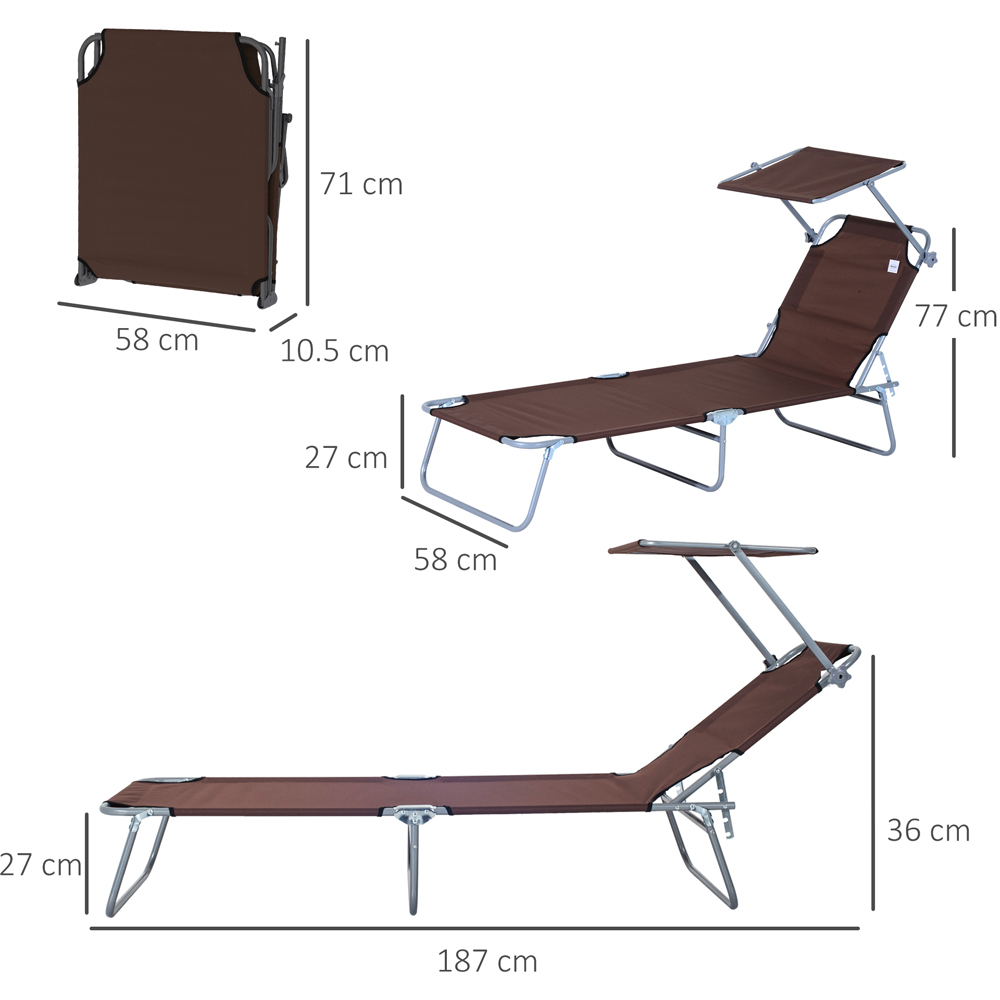 Outsunny Brown Foldable Sun Lounger with Sunshade Awning Image 8