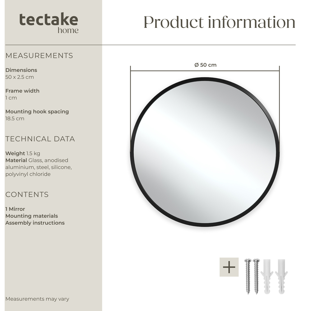 tectake Fiona Black Aluminium Frame Round Wall Mounted Mirror 50cm Image 8