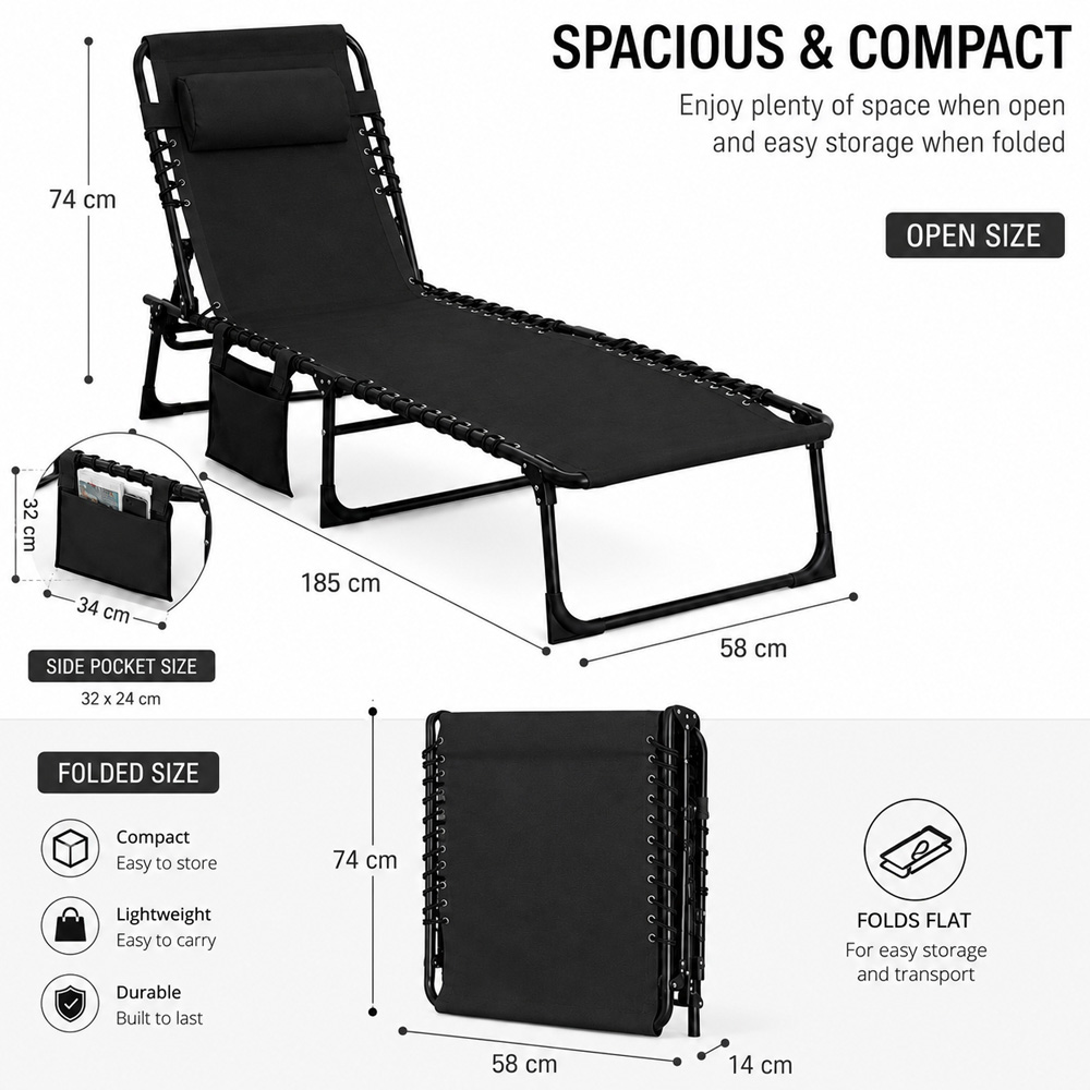 Shatchi Black Foldable Sun Lounger with Adjustable Backrest Image 9