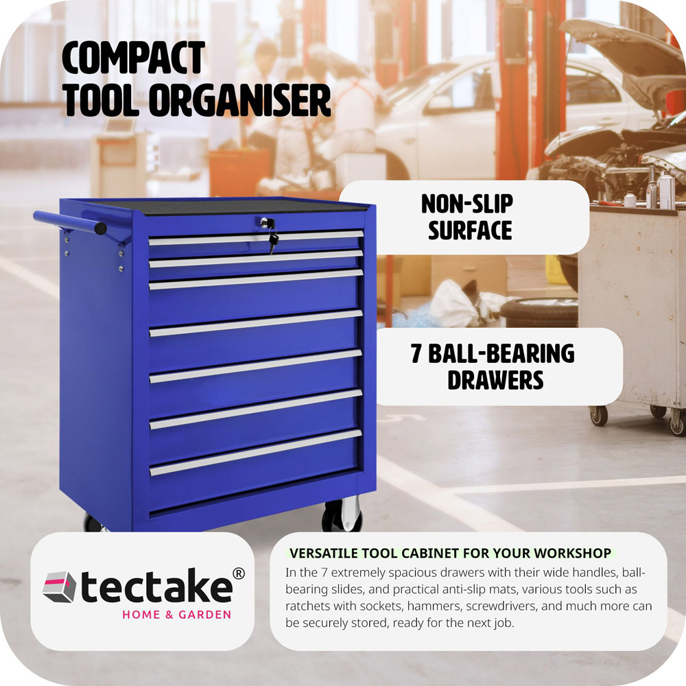 tectake 7 Drawer Blue Tool Chest of Drawers with Wheels Image 5