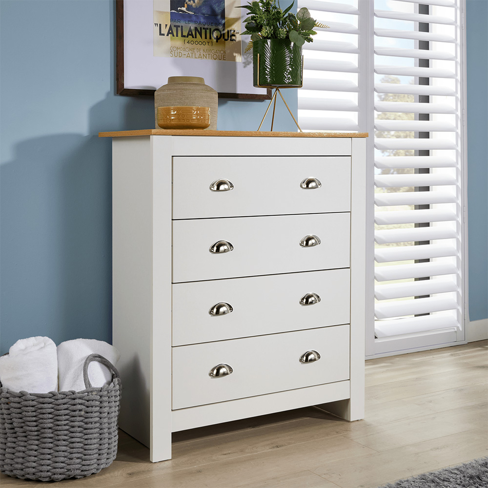 Home Source Camden 4 Drawer White Wood Chest of Drawers with Oak Top Image 6