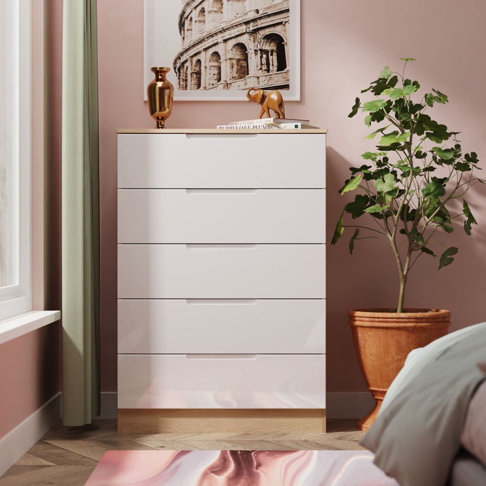 Crowndale Milan 5 Drawer White Gloss and Bardolino Oak Chest of Drawers Ready Assembled Image 7