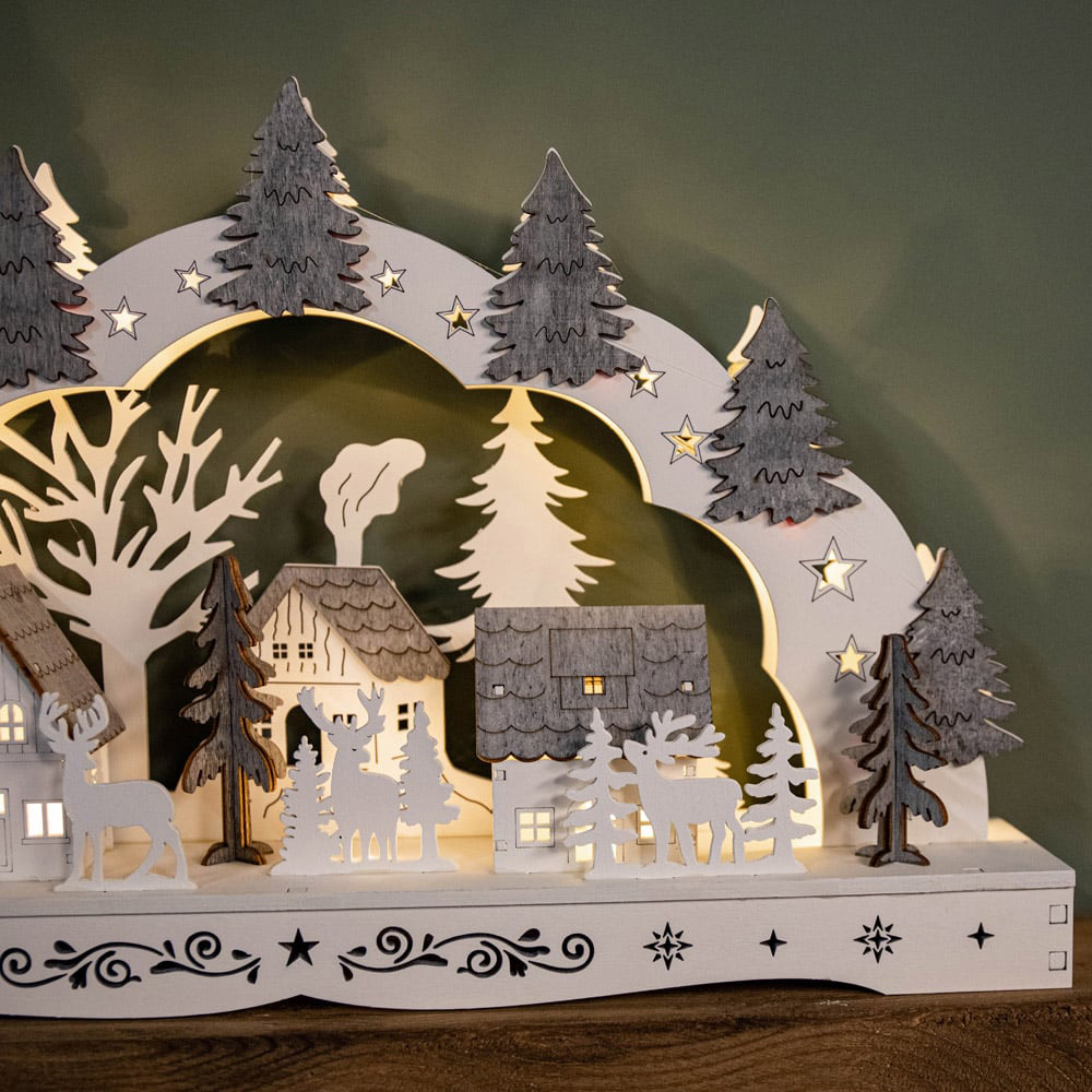 Samuel Alexander White Wooden Christmas Candle Bridge with Reindeer and Village Scene Image 5