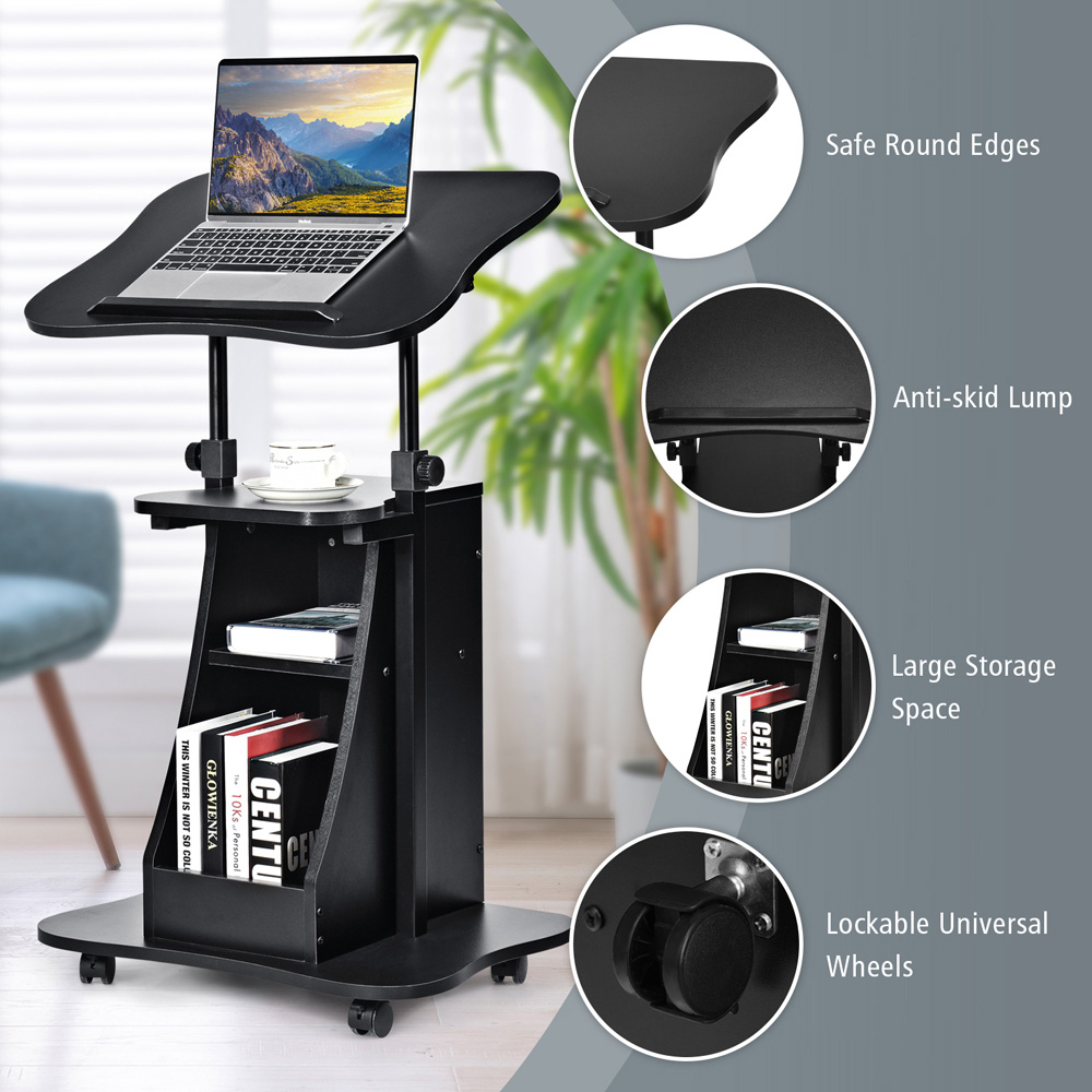 Costway Black Height Adjustable Laptop Desk with Wheels Image 8