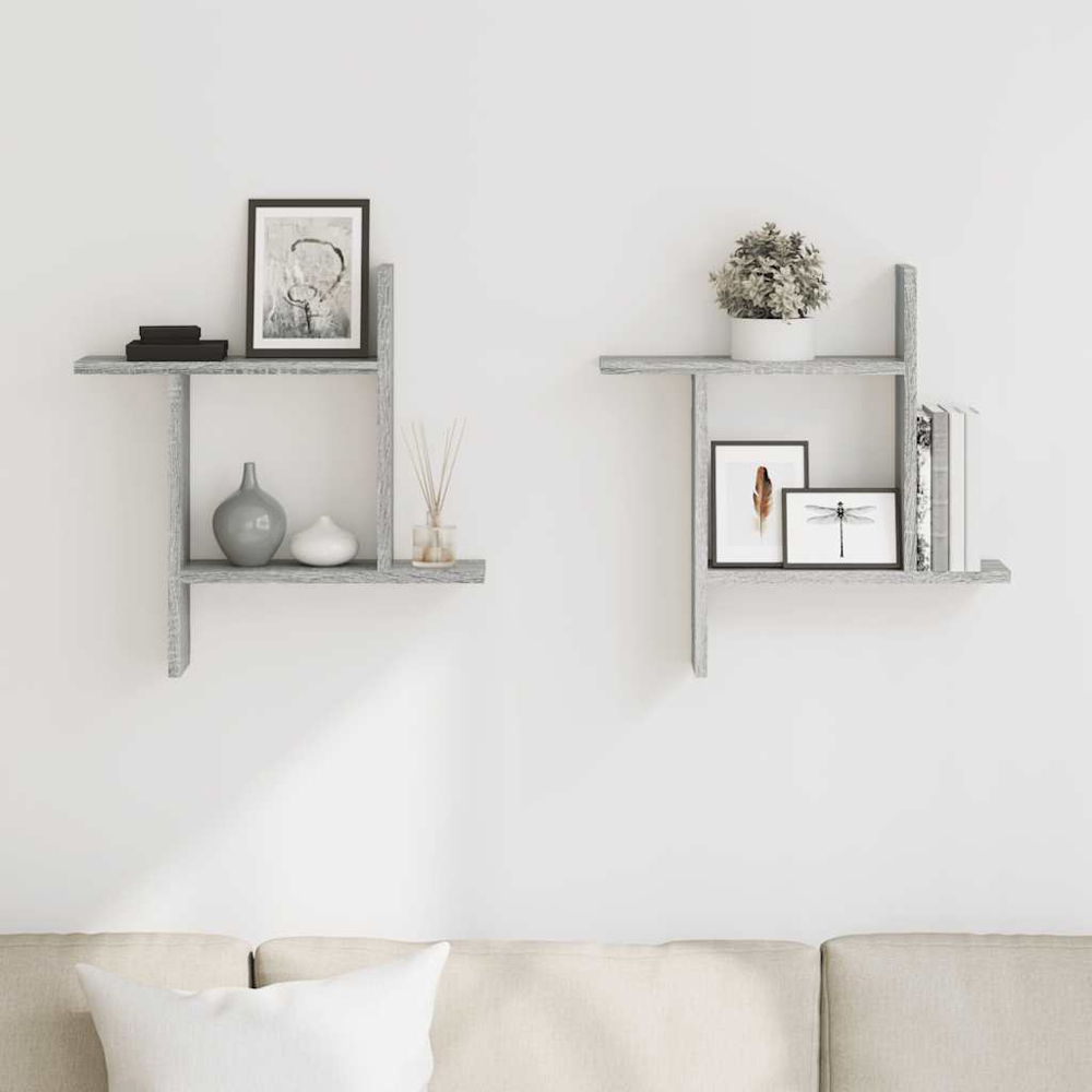 vidaXL Set of 2 3 Shelf Grey Sonoma Floating Wall Shelf Image 2