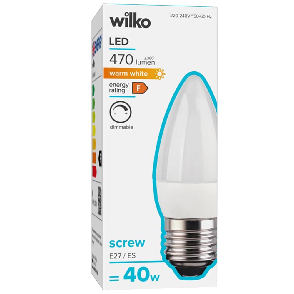 Wilko 1 pack Screw E27/ES LED 470 Lumens Dimmable Candle Light Bulb Image 1